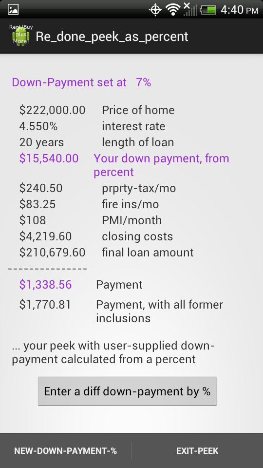 Rent vs Buy calculator lite Screen 2