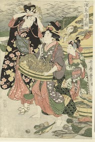 Gezicht op de vismarkt op het strand te Shiba