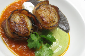 Bacon Wrapped Scallops with a Trifecta of Tex-Mex Purees