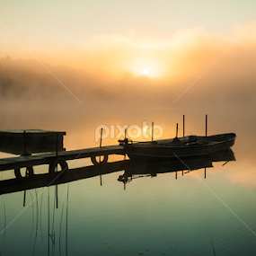 Calm, Misty Lake With Pier And Boats (Wide Shot Of Pier) by Joe Boyle - Transportation Boats
