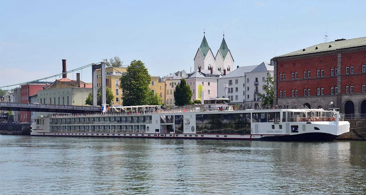 Viking-Embla-Passau-Germany - A Viking ship sails through Passau, Germany.
