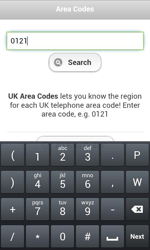 Android application UK Phone Area Code Lookup screenshort