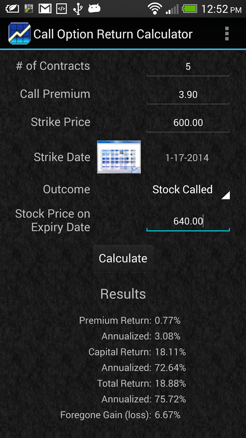 Call Option Return Calculator Screen 3