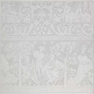 Fragment van een tafellaken van linnendamast met voorstelling: geschiedenis van Susanna; rand met muzikanten en vrouwen