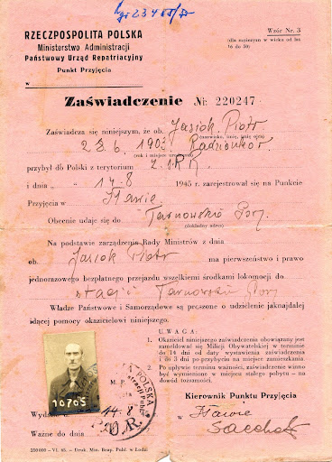 Certificate of return to Poland from the USSR for a Radzionkowo inhabitant, Piotr Jasiok