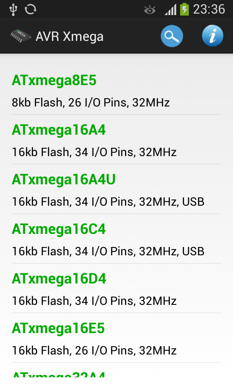 Android application AVR Xmega Database screenshort