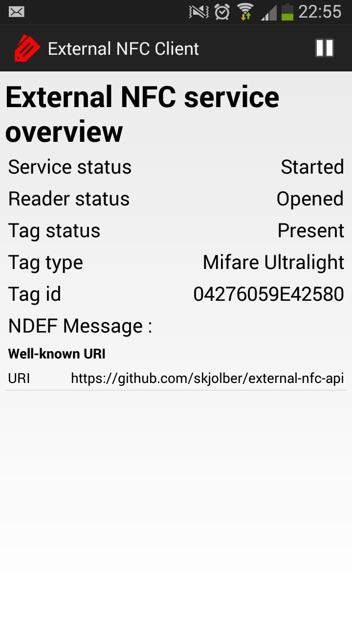 External NFC Reader Service Screen 3
