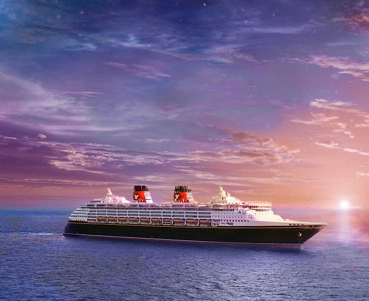 Disney Magic as sunset turns to a night sky in this composite photo.
