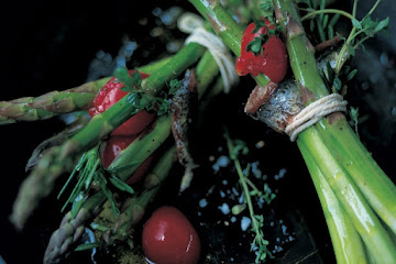 Roasted asparagus with rosemary and anchovies wrapped in pancetta
