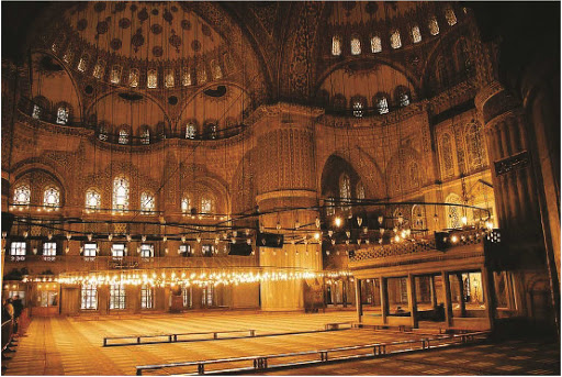 Sultan-Ahmed-Mosque-Istanbul-interior - The prayer area of the beautiful Sultan Ahmed Mosque, or Blue Mosque, in Istanbul, Turkey.