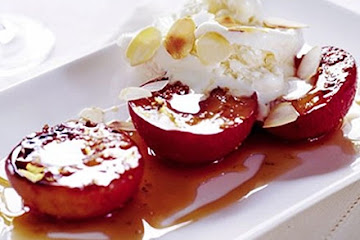Peppered plums with almond ice