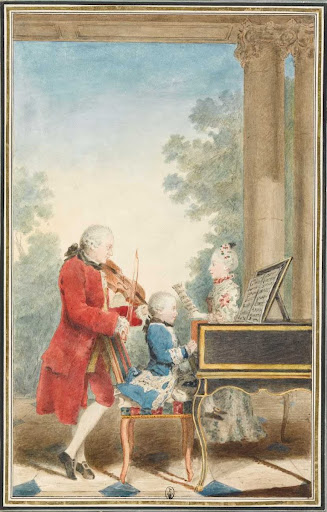 Portrait de Wolfgang Amadeus Mozart (Salzbourg, 1756-Vienne, 1791) jouant à Paris avec son père Jean-Georg-Léopold et sa sœur Maria-Anna