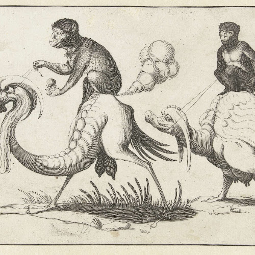 Twee monsters bereden door apen, anonymous, after Arent van Bolten, c ...