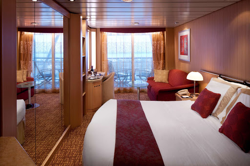 At 170 square feet, the Deluxe Ocean View Stateroom with Verandah on Celebrity Infinity sleeps three to four guests. It has floor-to-ceiling sliding glass doors, balcony with lounge seating, two twin beds that convert to a queen bed, private bathroom with shower, sitting area with vanity and sofa bed, an interactive TV and mini-bar. 
