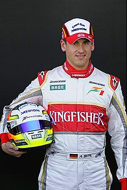 Adrian Sutil, force india, kingfisher, base, red, white, costume, yellow helmet, medion, green, photo, racer, sport, man, driver, pilit f1, formula one, cap