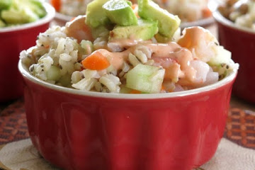 Shrimp Sushi Bowl with Creamy Sriracha Dressing