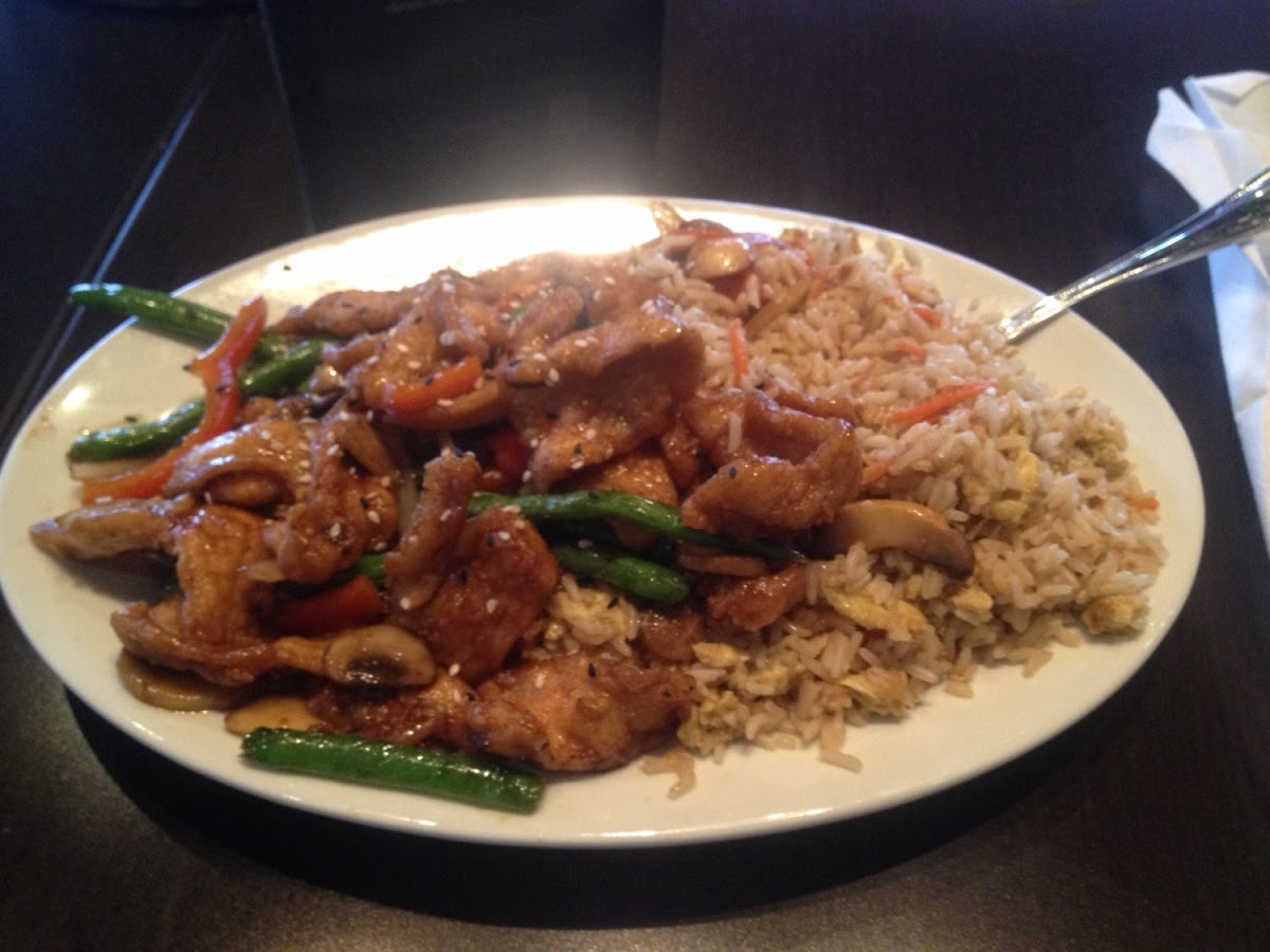 Gf sesame chicken with fried rice.