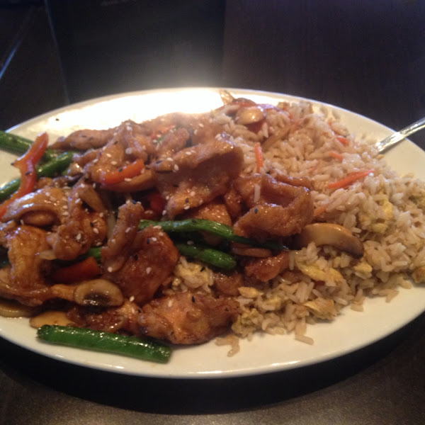 Gf sesame chicken with fried rice.