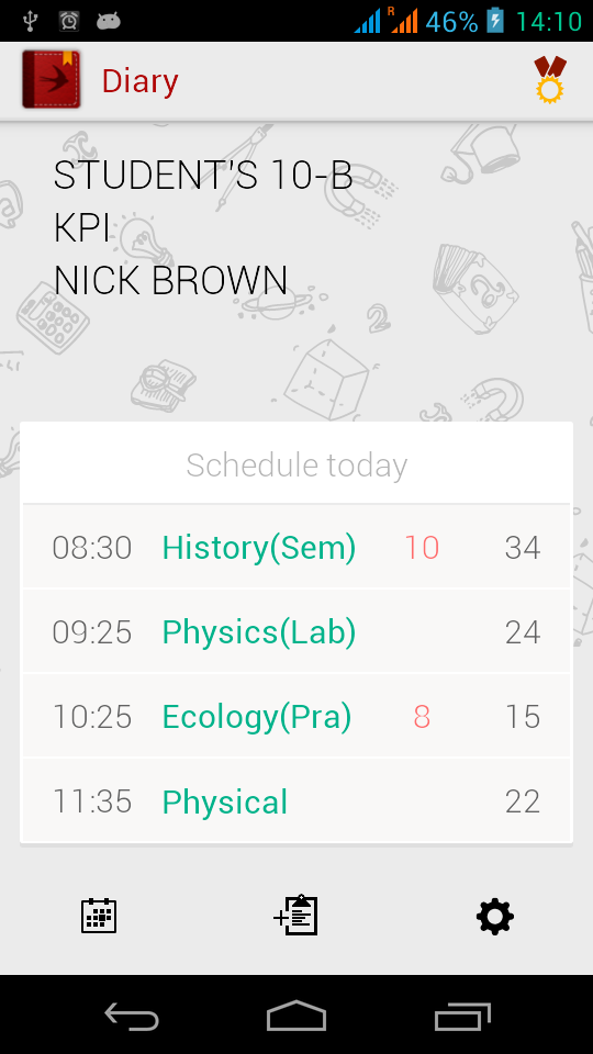 Diary (Timetable) Screen 1