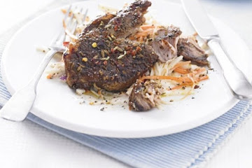 Fennel-crusted pork chops with winter celeriac slaw