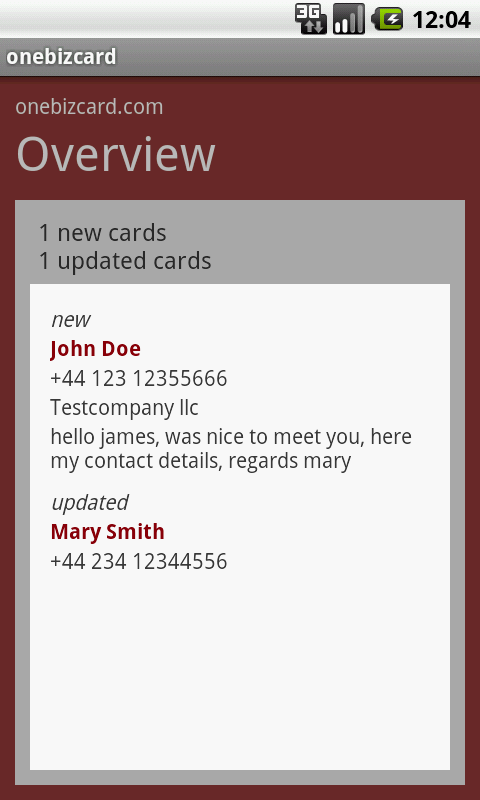 onebizcard Screen 1