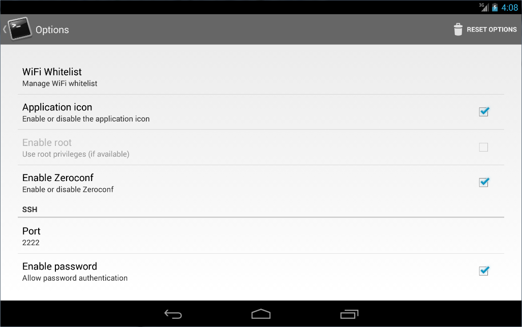   SSHDroid – posnetek zaslona 