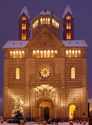Speyer Cathedral covered in snow, Germany. 