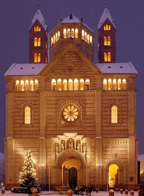 Speyer Cathedral covered in snow, Germany. 