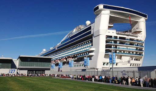 Passengers line up to board a Star Princess sailing from San Francisco to Cabo San Lucas. Tip: Arrive early to check out the ship and see if you're happy with your stateroom.