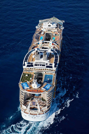A top view of Allure of the Seas. The ship sails to the Eastern and Western Caribbean, Bahamas and western Mediterranean.