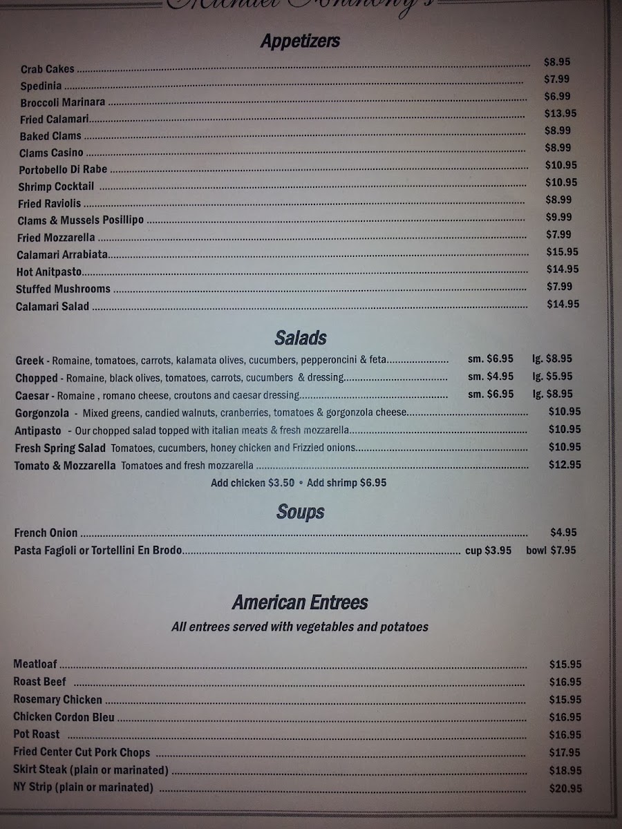 Michael Anthony's Pizzeria & Restaurant gluten-free menu