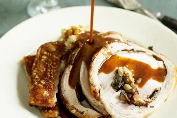 Gorgeous dinner of porchetta stuffed with wild mushrooms, celeriac mash and gravy