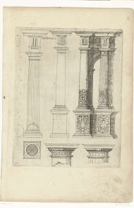 Vier Dorische zuilen met voetstukken, een doorsnede en twee kapitelen