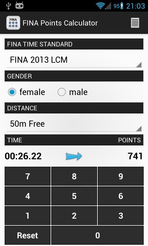 FINA Swim Points Calculator Screen 1