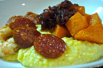 Spiced butternut squash with polenta, shrimp &amp;amp; chorizo 