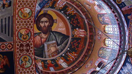 A serious-looking savior stares from the dome of the cathedral in Heraklion on the island of Crete.