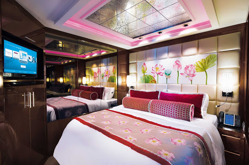 Norwegian-Epic-Stateroom-2Bed-Villa-Bedroom - Haven accommodations on Norwegian Epic include the 2-Bedroom Family Villa, complete with a balcony, two bathrooms and guests' exclusive access to the Courtyard area, private restaurant and concierge services.