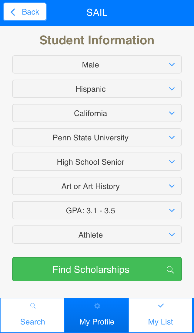 Sail - Scholarship Search Screen 3