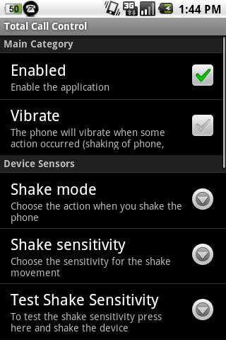 Total Call Control(Shake Call) Screen 1
