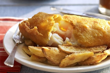 Golden beer-battered fish with chips